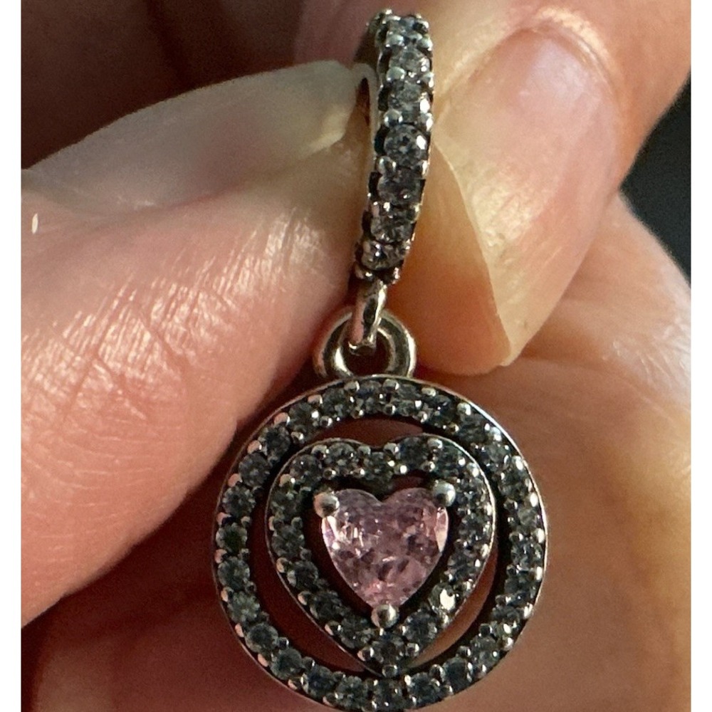 Pandora S925 ALE Pink Heart Double Halo Pavé Dangle Charm Sterling Silver